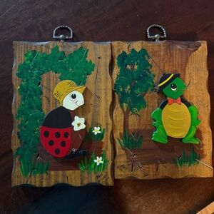 Vintage Wooden Wall Art with Ladybug and Turtle